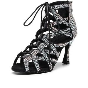 Danceandsway women’s satin black rhinestone heels dance jazz salsa dancing.